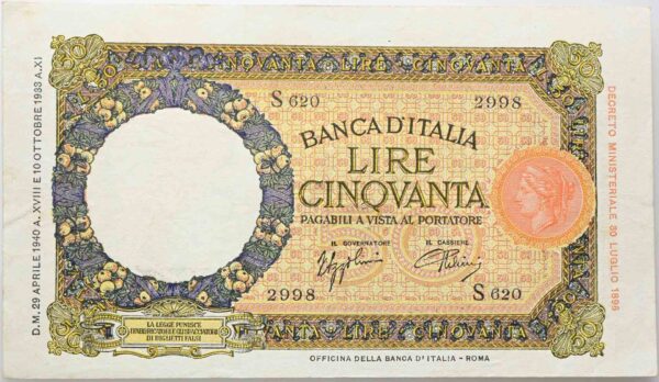 Banca d'Italia Cinquanta Lire anno
